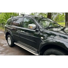 Бокові пороги Maydos V2 (2 шт., алюміній -2023 нерж) для Mitsubishi Pajero Sport 2008-2015рр.