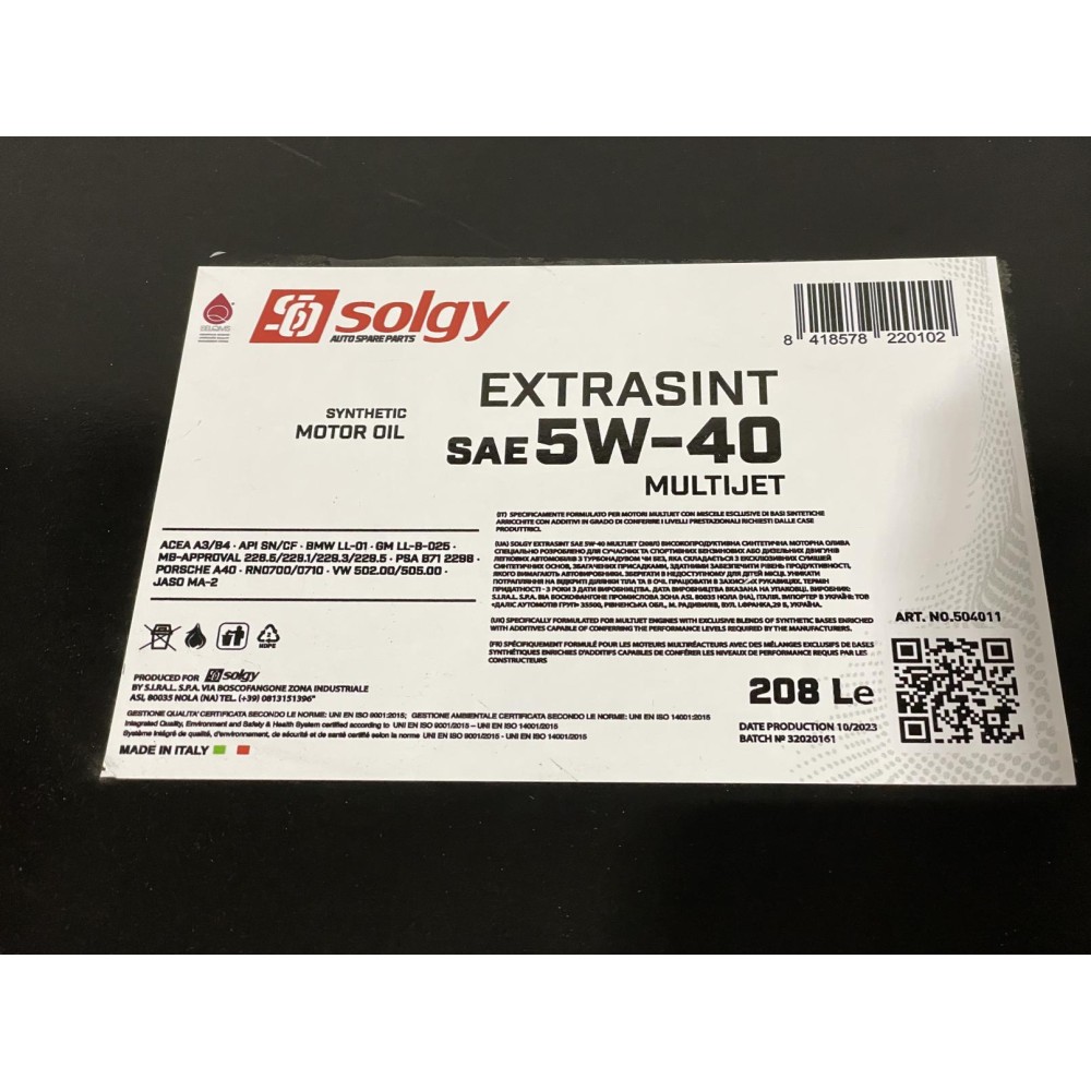 Олива 5W40 EXTRASINT MULTIJET (208L) (RN 0700/0710/MB226.51/API SN/CF/ACEA A3/B4)