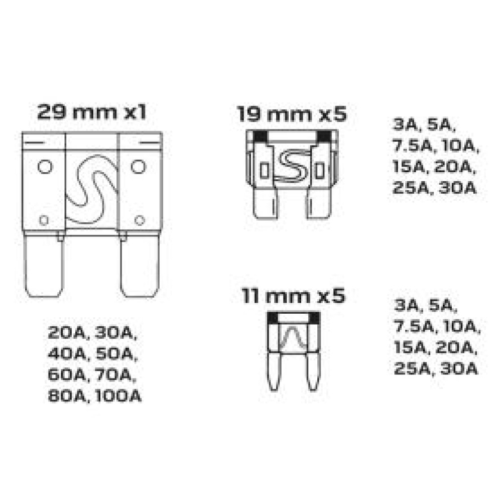 Комплект запобіжників 3A/5A/7,5A/10A/15A/20A/25А/30А/40A/50A/60A/70A/80A/100A (к-кт 88шт.)