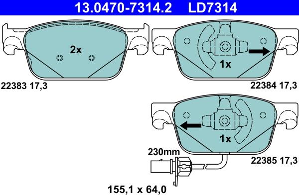 ATE 13.0470-7314.2 - Комплект гальмівних накладок, дискове гальмо autodetail.com.ua