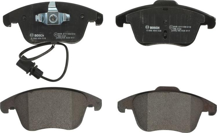 BOSCH 0 986 494 538 - Комплект гальмівних накладок, дискове гальмо autodetail.com.ua
