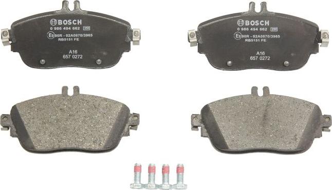 BOSCH 0 986 494 662 - Комплект гальмівних накладок, дискове гальмо autodetail.com.ua