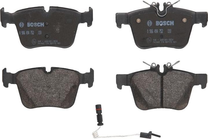 BOSCH 0 986 494 752 - Комплект гальмівних накладок, дискове гальмо autodetail.com.ua
