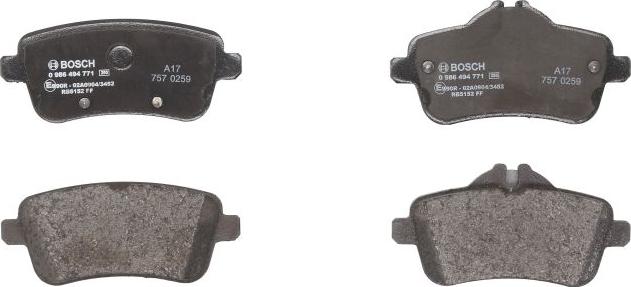 BOSCH 0 986 494 771 - Комплект гальмівних накладок, дискове гальмо autodetail.com.ua