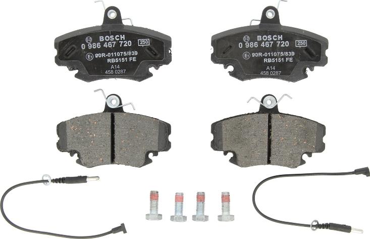 BOSCH 0 986 467 720 - Комплект гальмівних накладок, дискове гальмо autodetail.com.ua