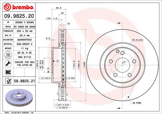 Brembo 09.9825.21 - Гальмівний диск autodetail.com.ua