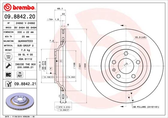 Brembo 09.8842.21 - Гальмівний диск autodetail.com.ua