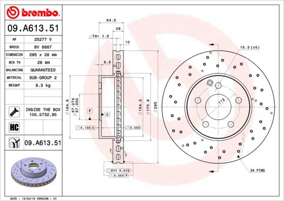 Brembo 09.A613.51 - Гальмівний диск autodetail.com.ua