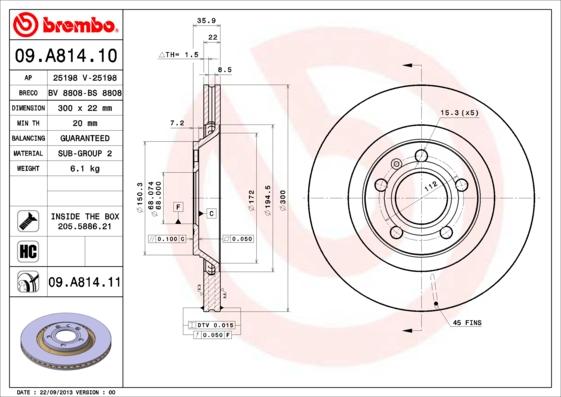 Brembo 09.A814.11 - Гальмівний диск autodetail.com.ua