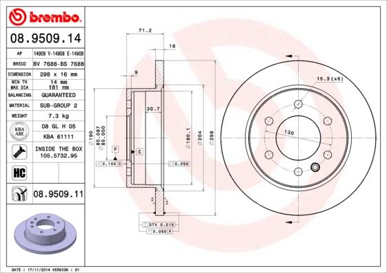 Brembo 08.9509.11 - Гальмівний диск autodetail.com.ua