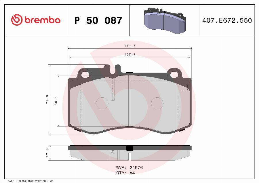 Brembo P 50 087 - Комплект гальмівних накладок, дискове гальмо autodetail.com.ua