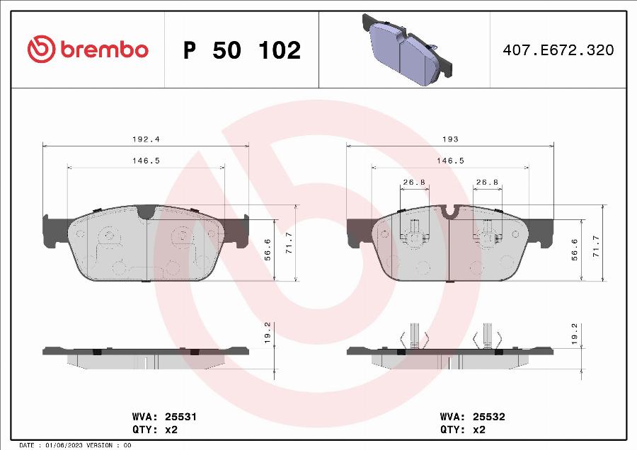 Brembo P 50 102 - Комплект гальмівних накладок, дискове гальмо autodetail.com.ua