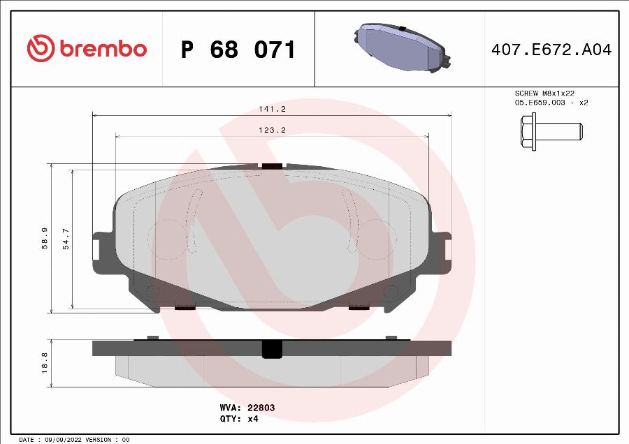 Brembo P 68 071 - Комплект гальмівних накладок, дискове гальмо autodetail.com.ua