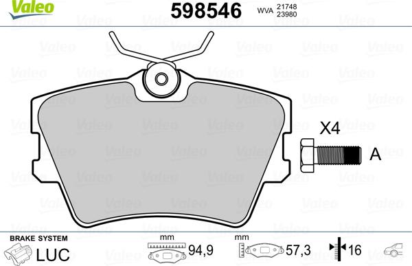 Valeo 598546 - Комплект гальмівних накладок, дискове гальмо autodetail.com.ua