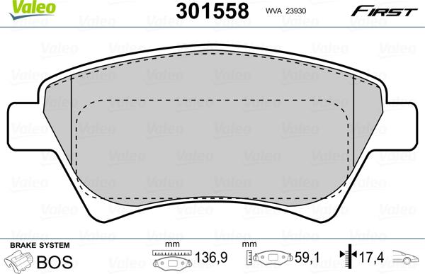Valeo 301558 - Комплект гальмівних накладок, дискове гальмо autodetail.com.ua