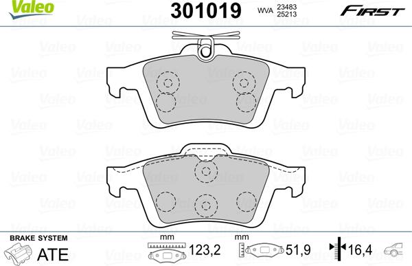 Valeo 301019 - Комплект гальмівних накладок, дискове гальмо autodetail.com.ua