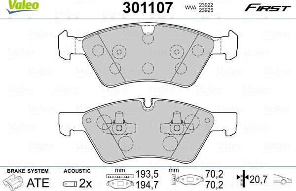 Valeo 301107 - Комплект гальмівних накладок, дискове гальмо autodetail.com.ua