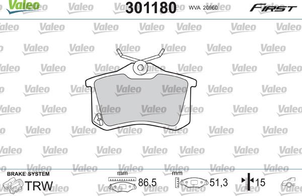 Valeo 301180 - Комплект гальмівних накладок, дискове гальмо autodetail.com.ua