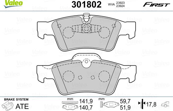 Valeo 301802 - Комплект гальмівних накладок, дискове гальмо autodetail.com.ua