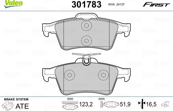 Valeo 301783 - Комплект гальмівних накладок, дискове гальмо autodetail.com.ua