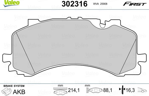 Valeo 302316 - Комплект гальмівних накладок, дискове гальмо autodetail.com.ua