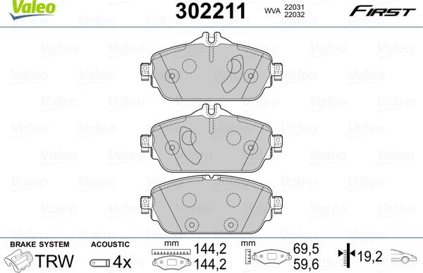 Valeo 302211 - Комплект гальмівних накладок, дискове гальмо autodetail.com.ua