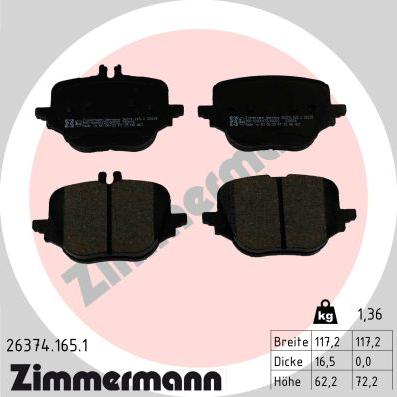 Zimmermann 26374.165.1 - Комплект гальмівних накладок, дискове гальмо autodetail.com.ua