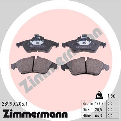 Zimmermann 23990.205.1 - Комплект гальмівних накладок, дискове гальмо autodetail.com.ua